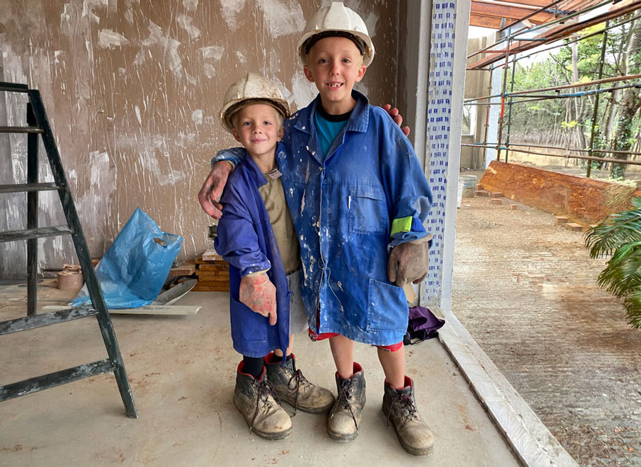 The next generation on site — kids in hard hats