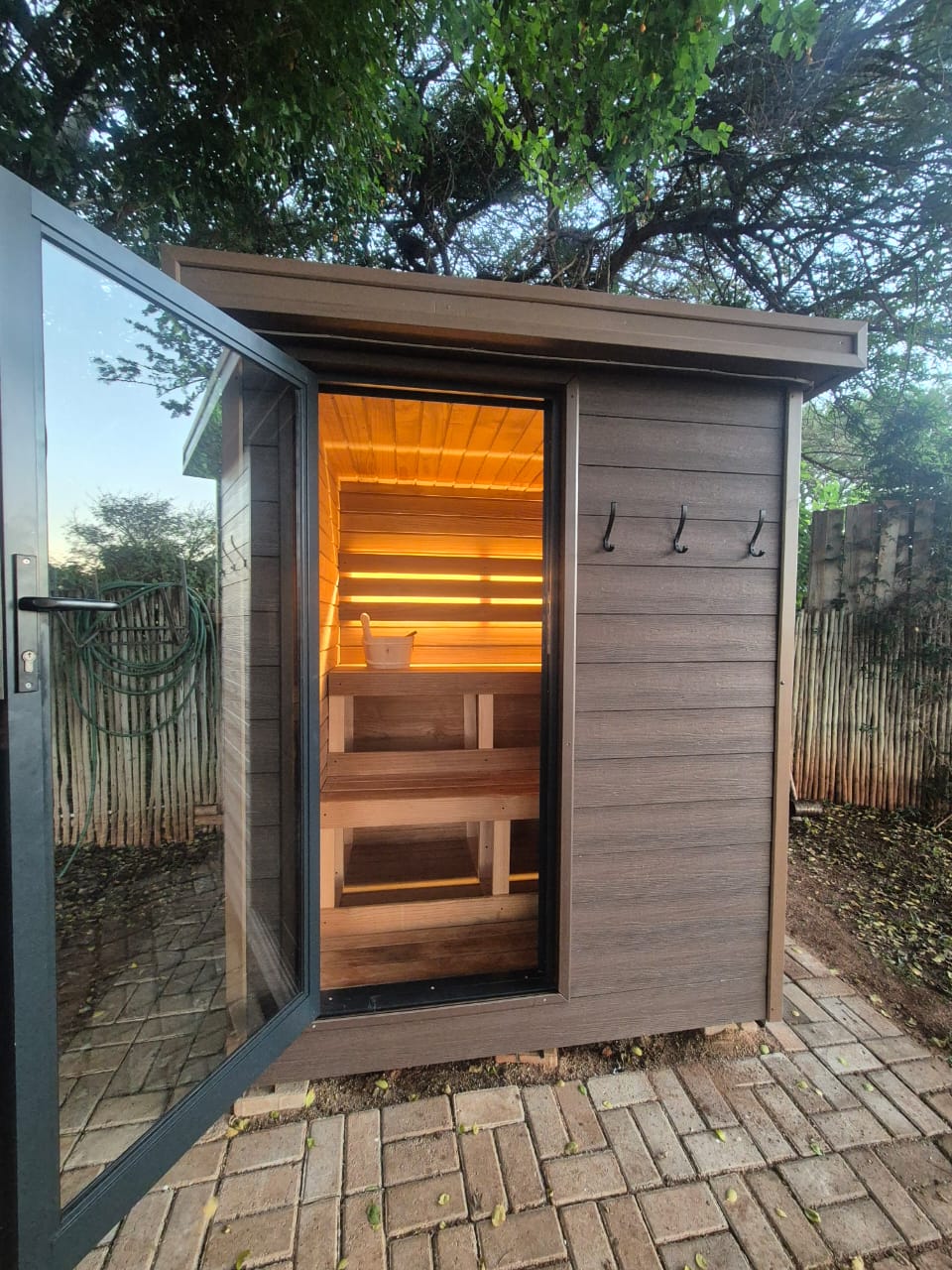 Custom built outdoor sauna — interior cedar detail