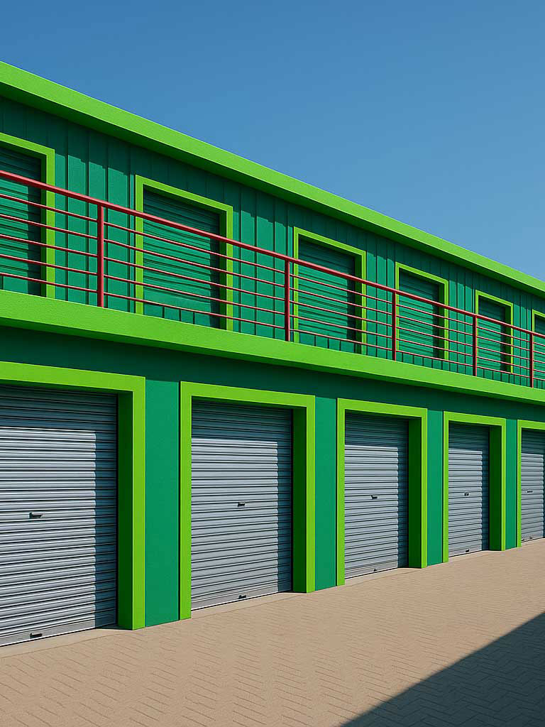 Swift City storage units with green facade and roller doors
